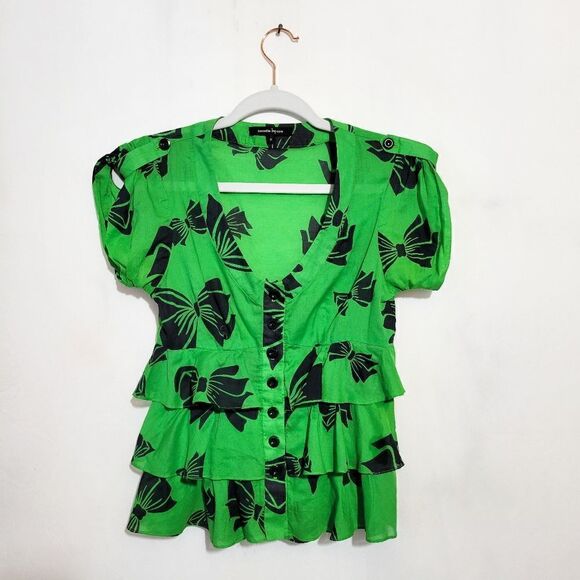 Nanette Lepore Green Bow Print Ruffle V-Neck Blouse - Picture 1 of 5